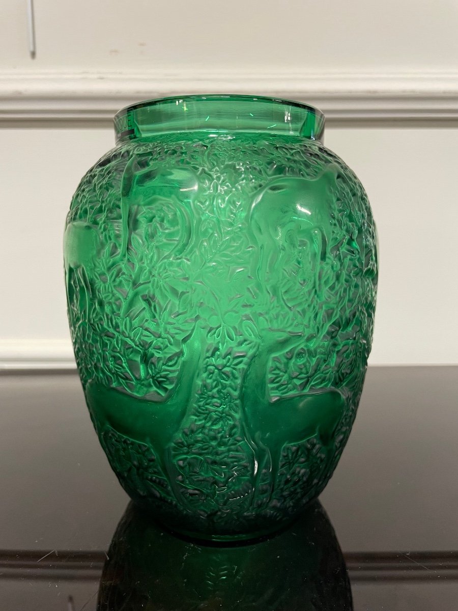 Lalique France - Vase Aux Biches Cristal Vert Style Art Deco-photo-2